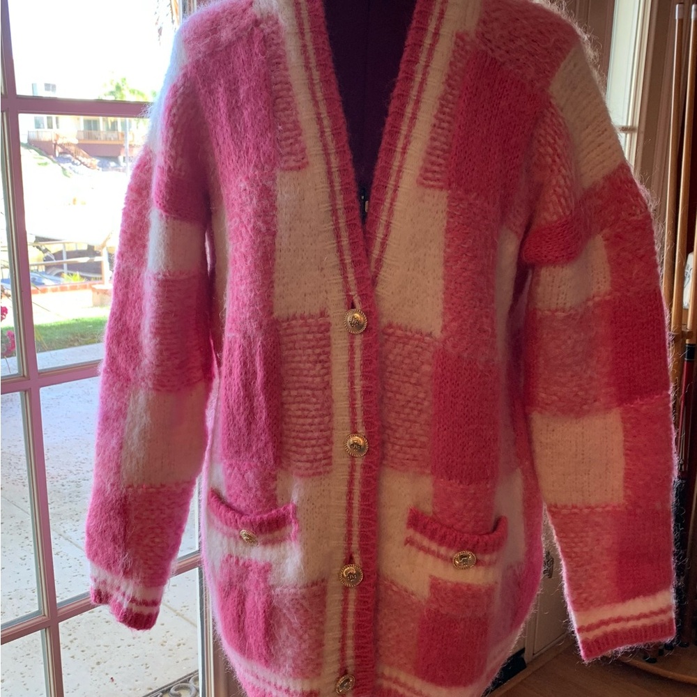 Maje Pink and Cream Women's Mohair Cardigan